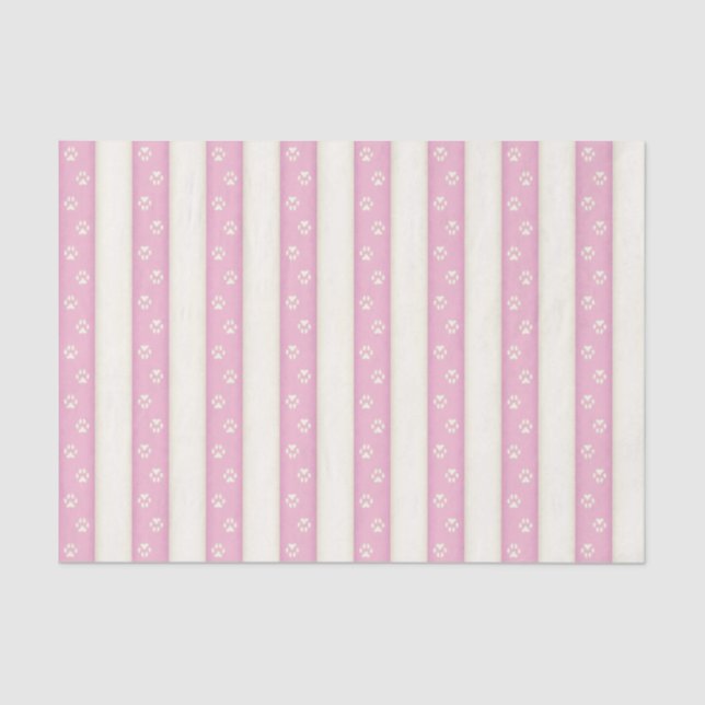 Dog Paw Prints on Pink & White Stripes Pretty Tissue Paper (Front)