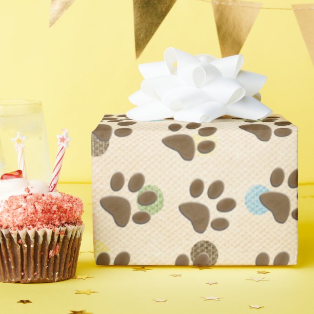Dog Paw Prints On Polka Dots Wrapping Paper (Birthday Party)