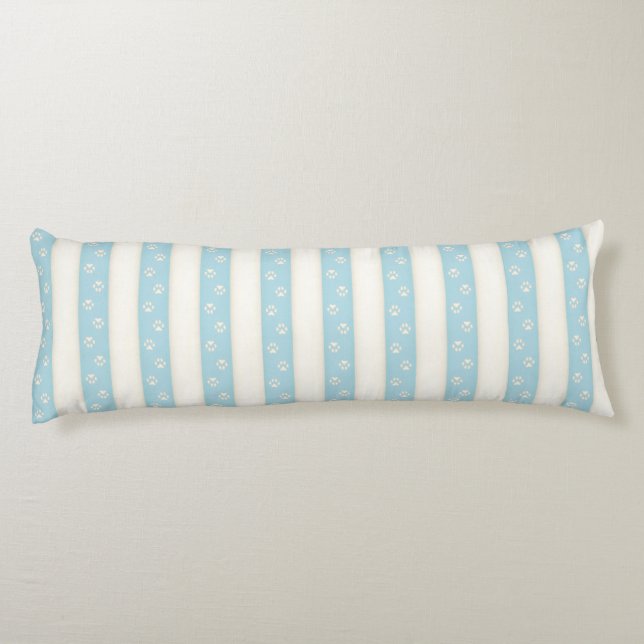 Dog Paw Prints oPale Blue & Antique White Stripes Body Pillow (Back)