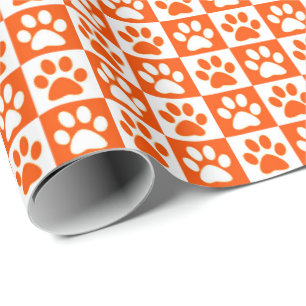 Dog Paw Prints orange and white Wrapping Paper
