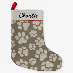 Dog Paw Prints Pattern with Text   Faux Burlap Small Christmas Stocking
