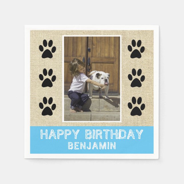 Dog Paw Prints Photo Kids Birthday Party Napkin (Front)