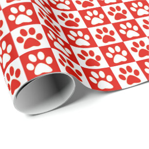 Dog Paw Prints red and white Wrapping Paper
