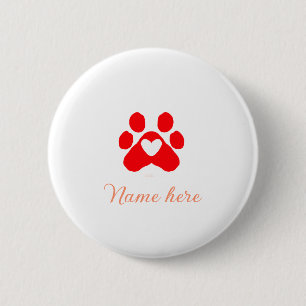 Dog paw red heart pet add name text animal paw  2 inch round button
