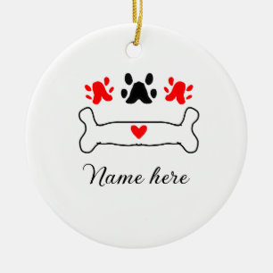 Dog paw red heart pet add name text animal paw  ceramic ornament