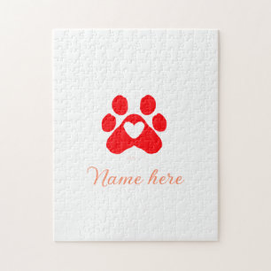 Dog paw red heart pet add name text animal paw  jigsaw puzzle