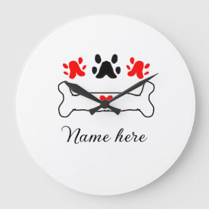 Dog paw red heart pet add name text animal paw large clock