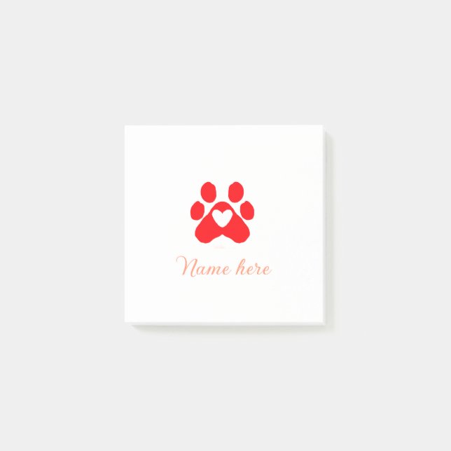 Dog paw red heart pet add name text animal paw  post-it notes (Front)