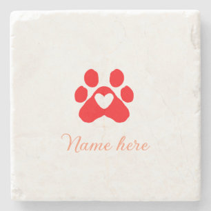 Dog paw red heart pet add name text animal paw  stone coaster