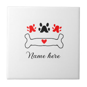 Dog paw red heart pet add name text animal paw tile