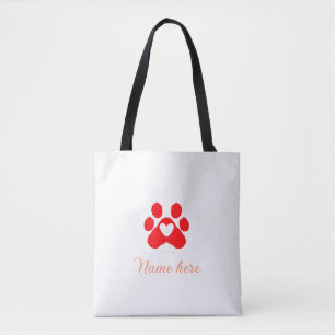 Dog paw red heart pet add name text animal paw  tote bag