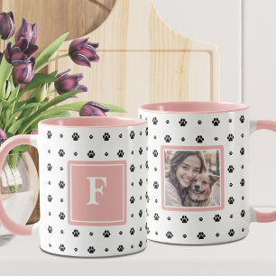 Dog Paw White Pink Black Monogram Photo Mug