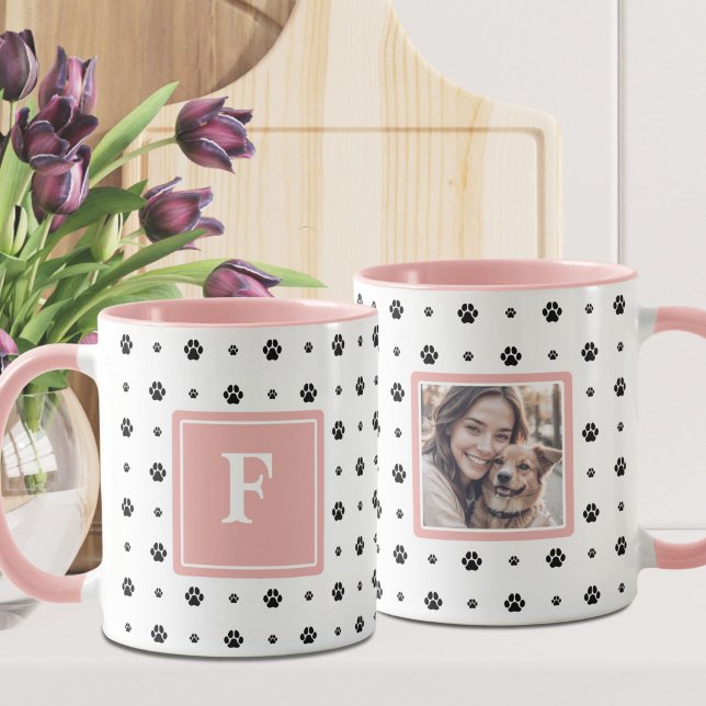 Dog Paw White Pink Black Monogram Photo Mug (Creator Uploaded)