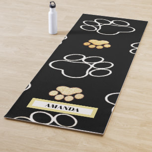 Dog Pawprint Gold White Personalized Name Yoga Mat