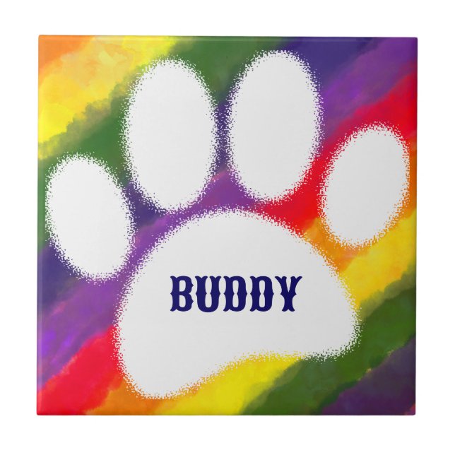 Dog Pawprint Rainbow Watercolor Custom Name Tile (Front)