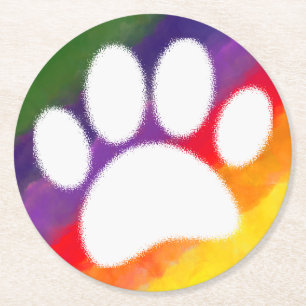 Dog Pawprint Rainbow Watercolor Round Paper Coaster