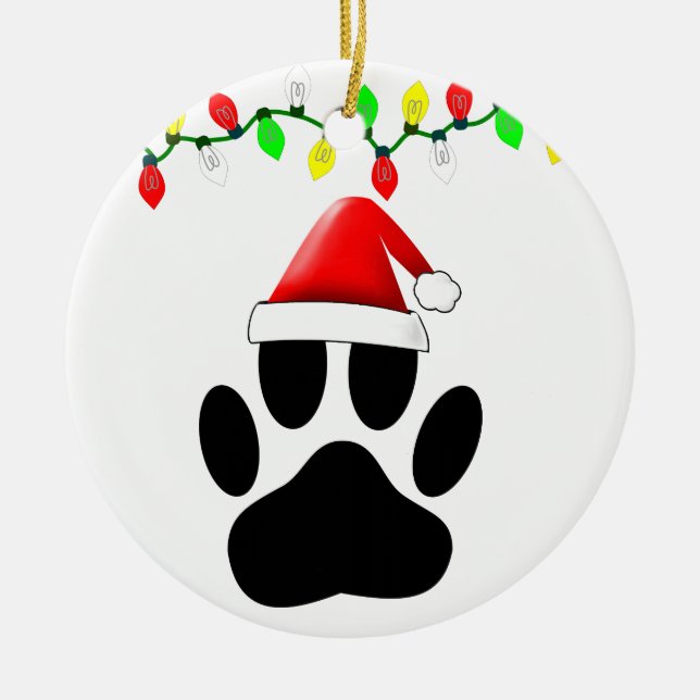 Dog Pawprint Santa Hat Christmas Lights Ceramic Ornament (Front)