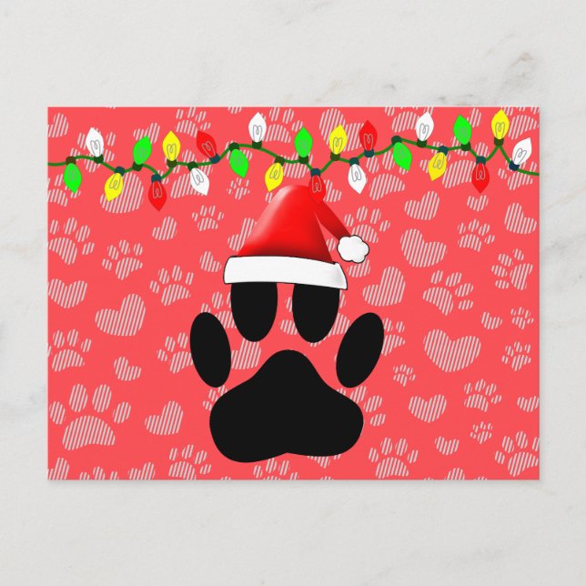 Dog Pawprint Santa Hat Christmas Lights Holiday Postcard (Front)