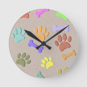 Dog Paws And Bones Faux Colourful Paper  Fleece Bl Round Clock