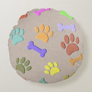 Dog Paws And Bones Faux Colourful Paper  Fleece Bl Round Pillow