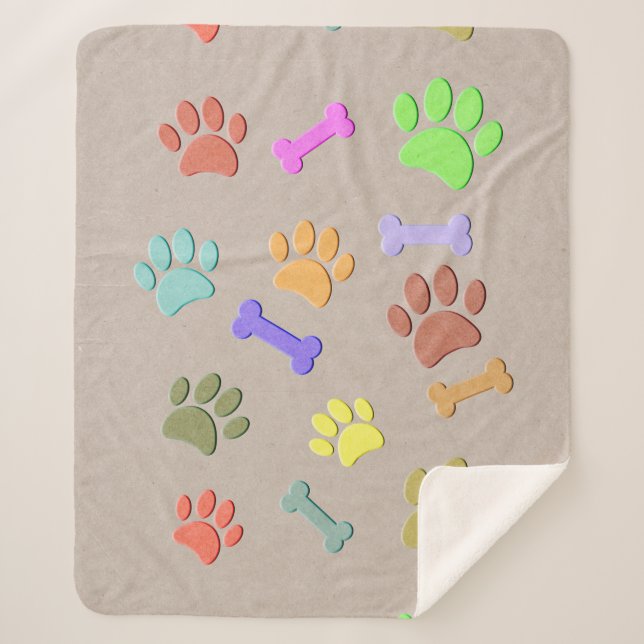 Dog Paws And Bones Faux Colourful Paper  Fleece Bl Sherpa Blanket (Front)