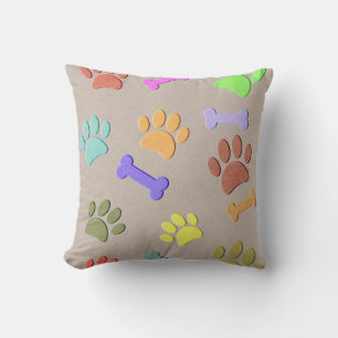 Dog Paws And Bones Faux Colourful Paper  Fleece Bl Throw Pillow