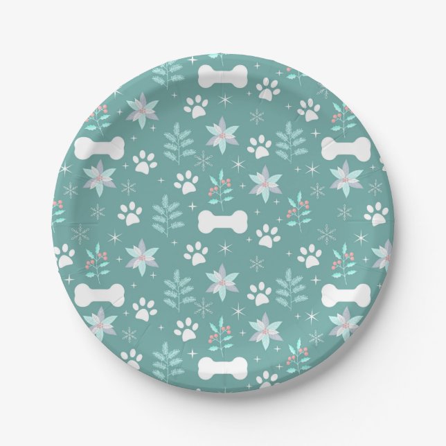 Dog Paws and Holiday Bones Pattern Paper Plate (Front)