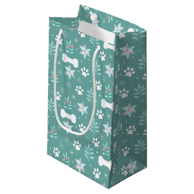 Dog Paws and Holiday Bones Pattern Small Gift Bag (Front Angled)