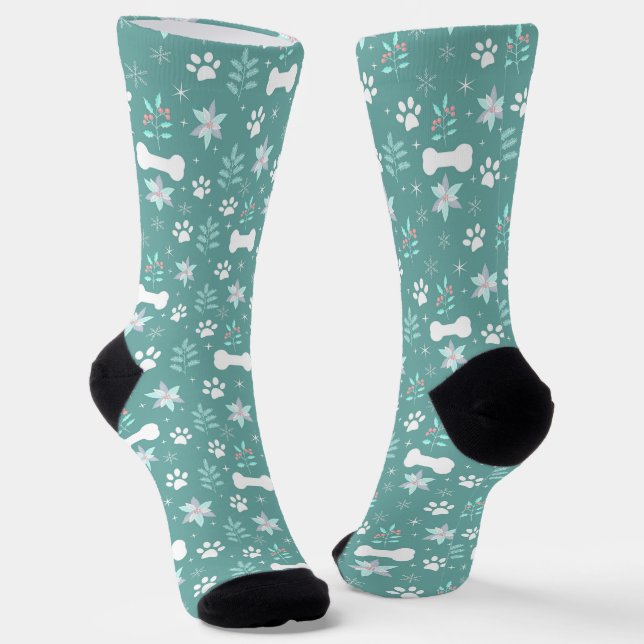 Dog Paws and Holiday Bones Pattern Socks (Angled)