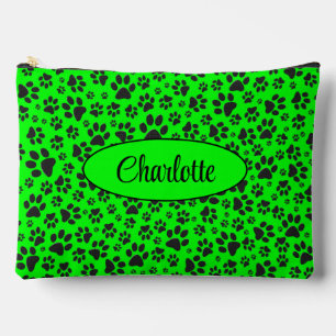 Dog Paws Black and White Polka Dot on green  Accessory Pouch