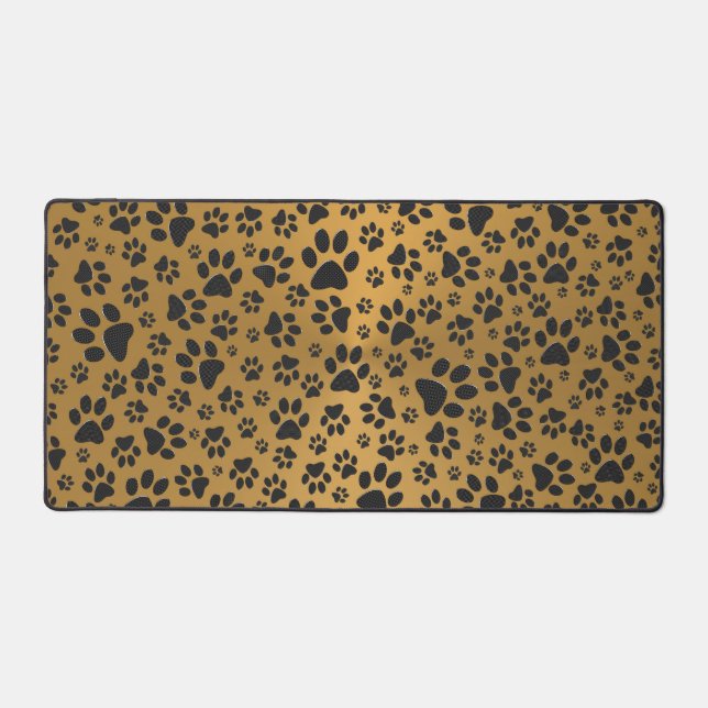 Dog Paws Black and White Polka Dot on metal gold Desk Mat (Front)