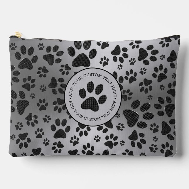 Dog Paws Black and White Polka Dot on metal silver Accessory Pouch (Front)