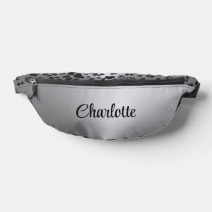 Dog Paws Black and White Polka Dot on metal silver Fanny Pack
