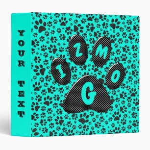 Dog Paws Black and White Polka Dot on vivid cyan   Binder