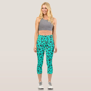 Dog Paws Black and White Polka Dot on vivid cyan Capri Leggings