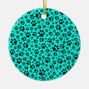 Dog Paws Black and White Polka Dot on vivid cyan Ceramic Ornament