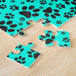 Dog Paws Black and White Polka Dot on vivid cyan   Jigsaw Puzzle