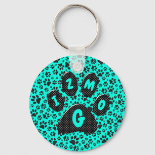 Dog Paws Black and White Polka Dot on vivid cyan Keychain