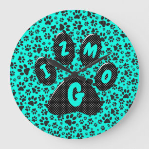 Dog Paws Black and White Polka Dot on vivid cyan Large Clock