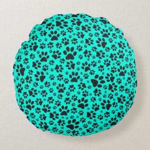 Dog Paws Black and White Polka Dot on vivid cyan Round Pillow