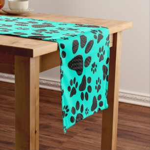 Dog Paws Black and White Polka Dot on vivid cyan Short Table Runner