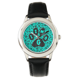 Dog Paws Black and White Polka Dot on vivid cyan Watch