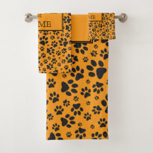 Dog Paws Black & White Polka Dot on dahlia orange  Bath Towel Set