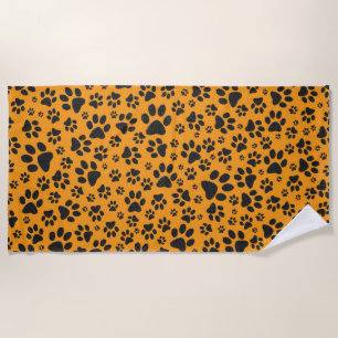 Dog Paws Black & White Polka Dot on dahlia orange Beach Towel