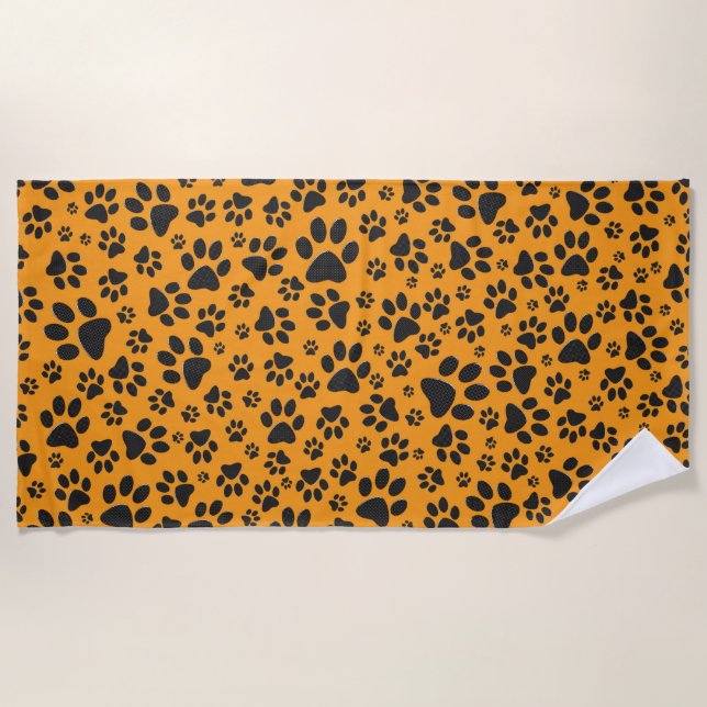 Dog Paws Black & White Polka Dot on dahlia orange Beach Towel (Front)