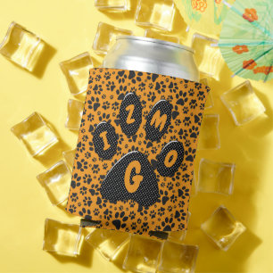 Dog Paws Black & White Polka Dot on dahlia orange Can Cooler