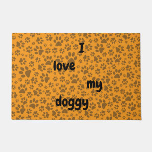Dog Paws Black & White Polka Dot on dahlia orange Doormat
