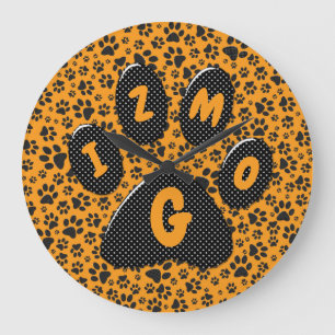 Dog Paws Black & White Polka Dot on dahlia orange  Large Clock