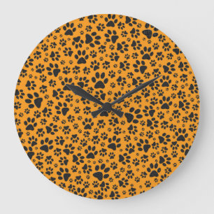 Dog Paws Black & White Polka Dot on dahlia orange Large Clock
