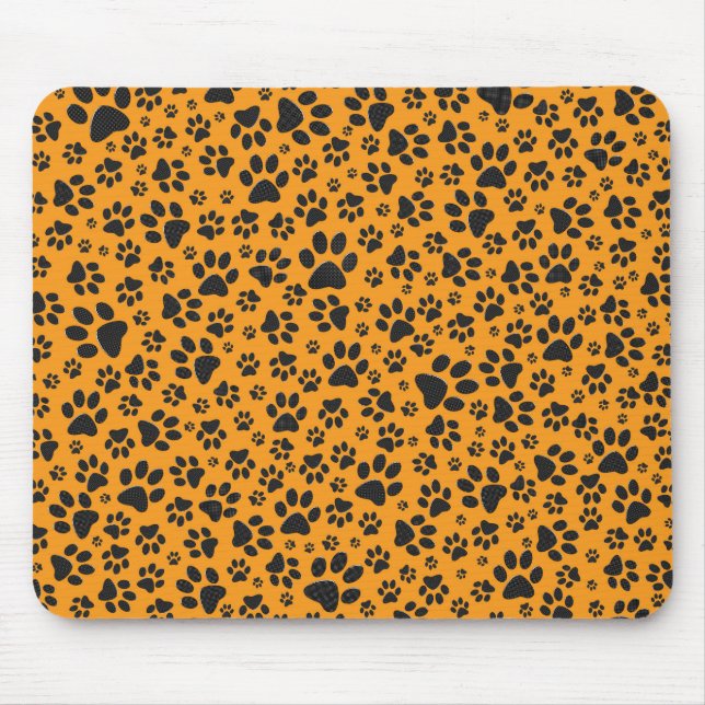 Dog Paws Black & White Polka Dot on dahlia orange Mouse Pad (Front)